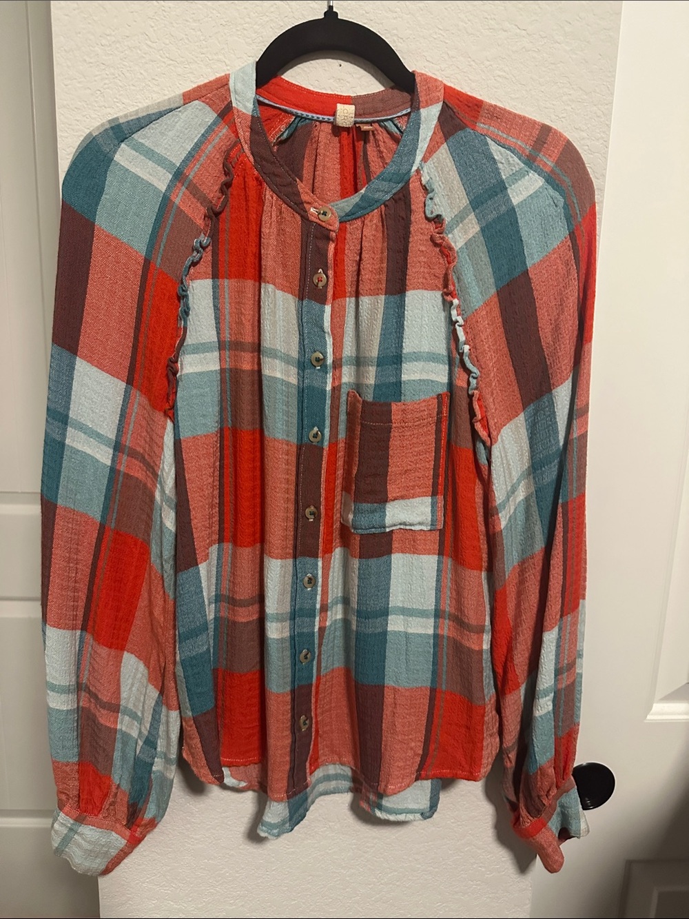 Pilcro by Anthropologie Plaid Button-Down Shirt in Red, Teal & Brown